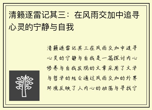 清籁逐雷记其三：在风雨交加中追寻心灵的宁静与自我